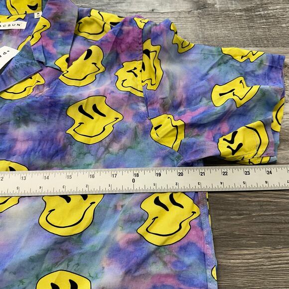 NWT Pacsun Trippy Tie Dye Multicolor Mens M Smiley Faces AOP‎ Rayon Button Shirt - Picture 6 of 8